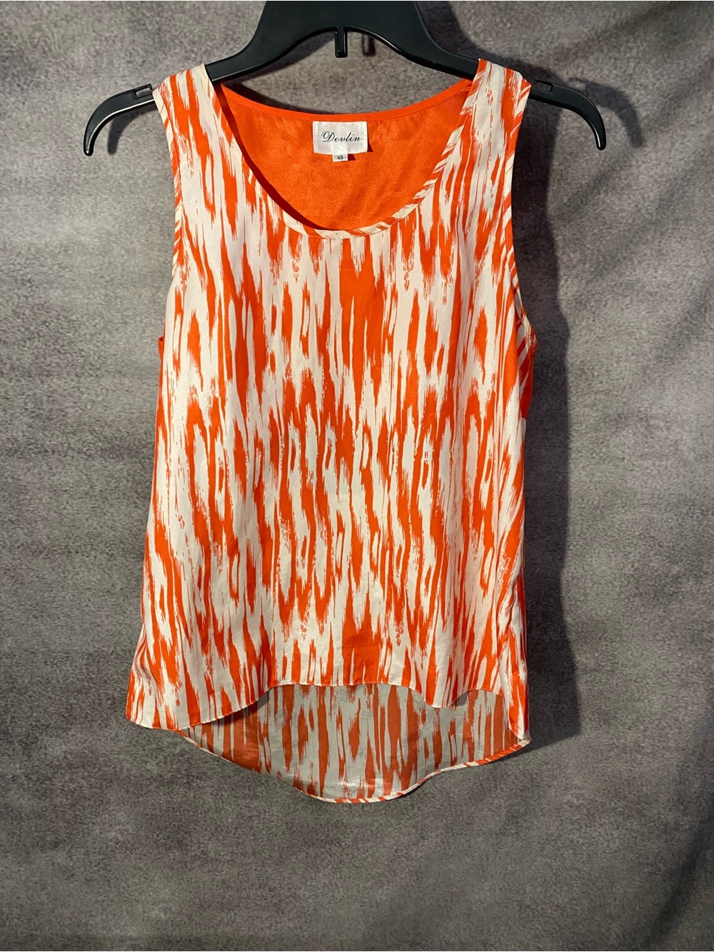 Devlin Women XS Sleeveless High Low Tank Top Orange White Patterned Layered Back